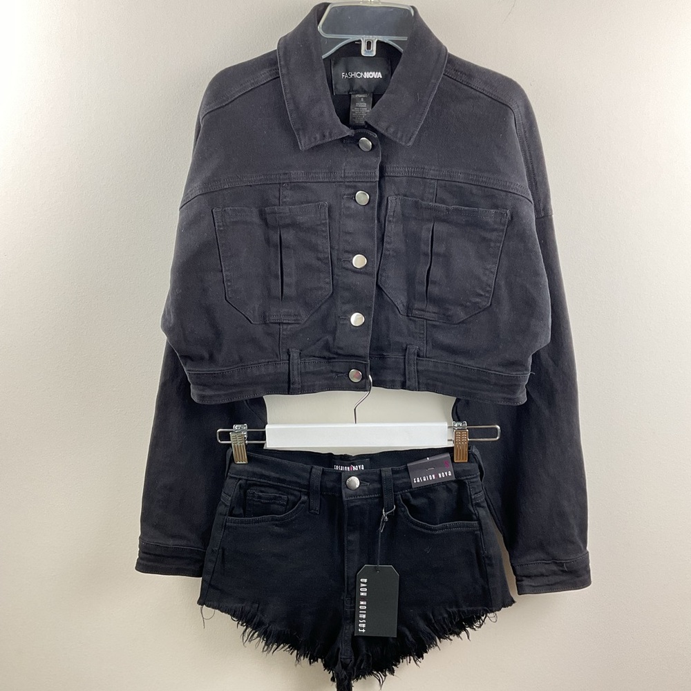 Fashion Nova Black Frayed Jean Shorts Denim Cropped Jacket Set Size Small